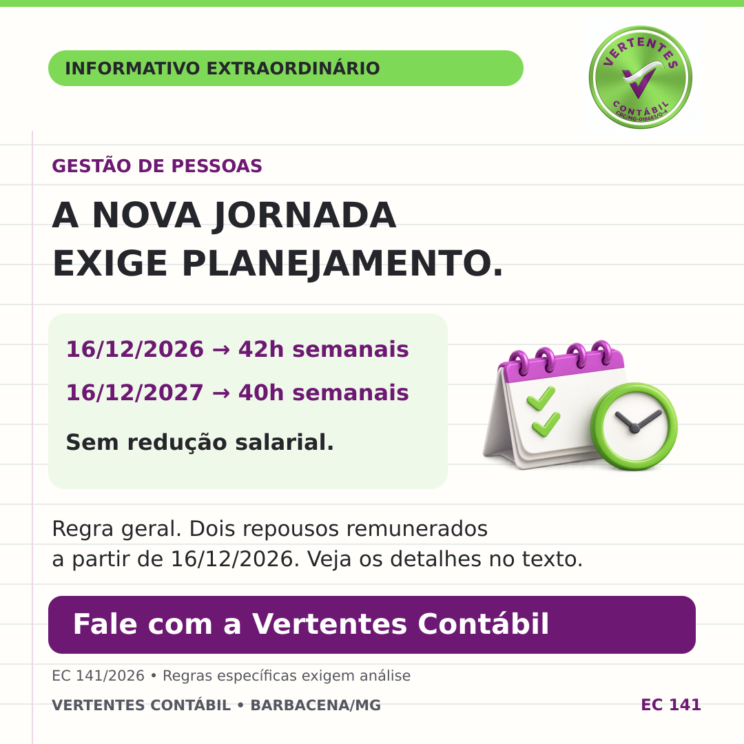 Arte oficial da Vertentes Contábil em roxo, verde e branco sobre a nova jornada de trabalho prevista na EC 141/2026.